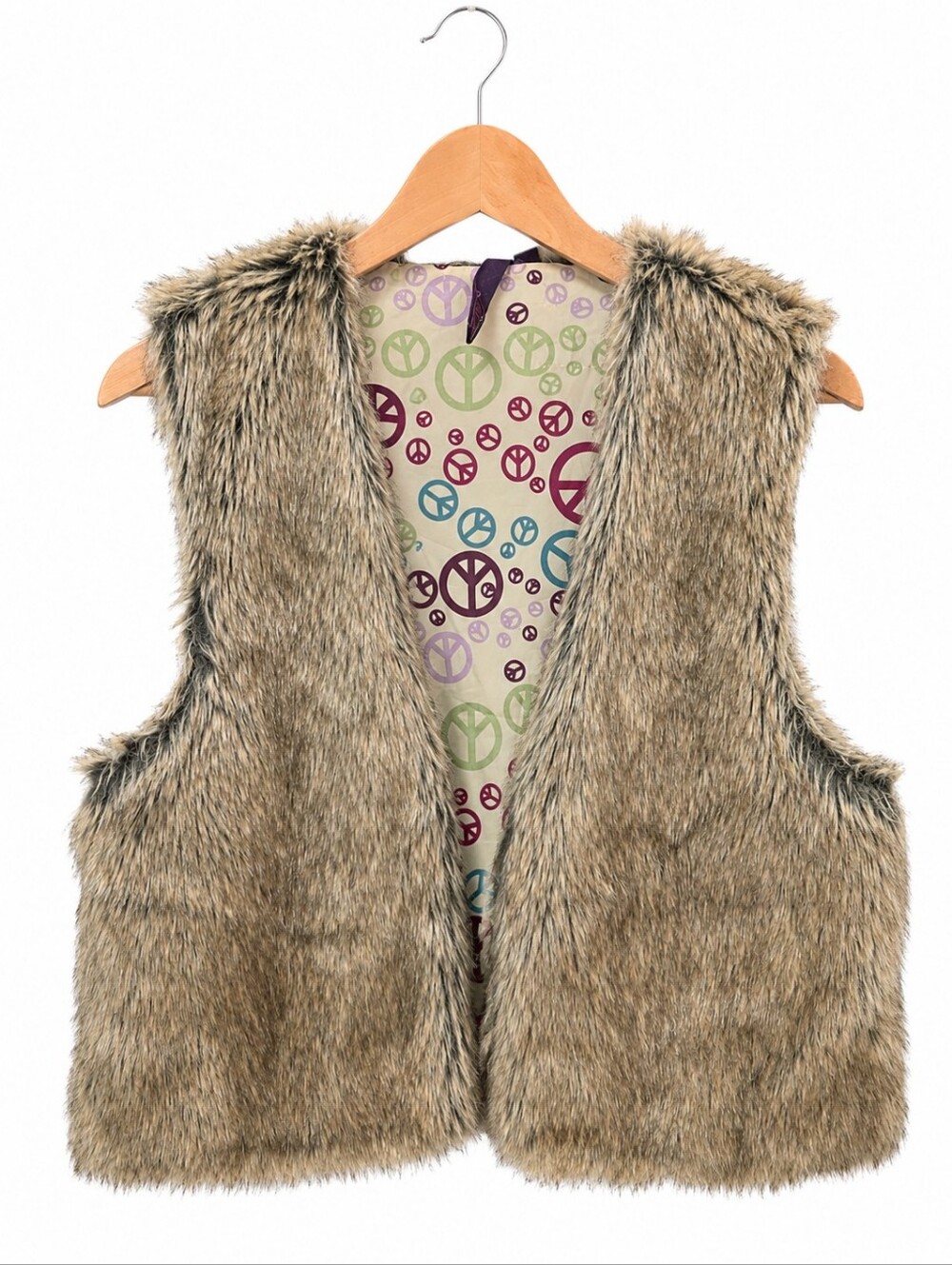 Nitrogen Faux Fur Vest Girls Large Peace Sign Lining Boho Festival Cozy - Picture 2 of 8